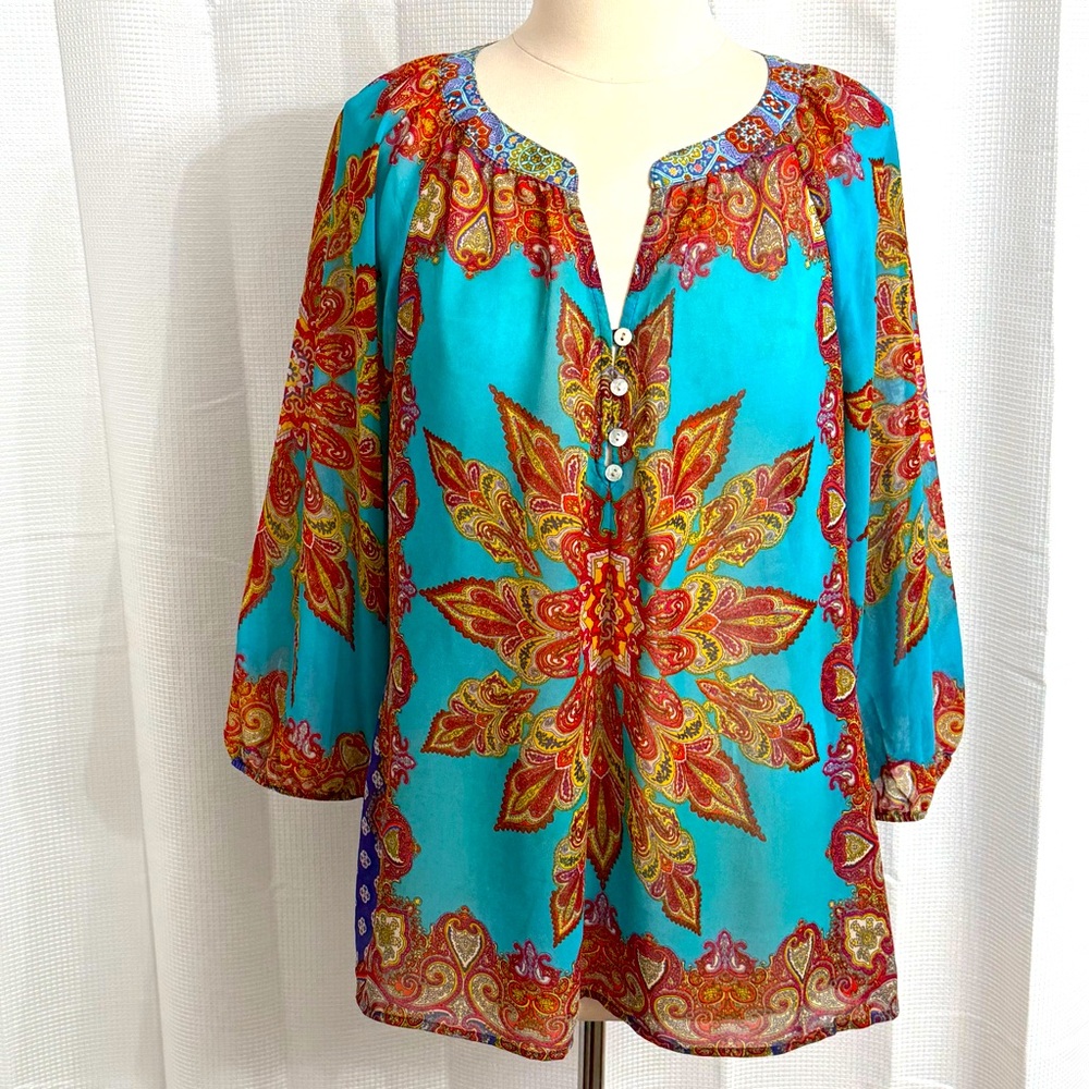 New Directions Women's 3/4 Sleeve Semi Sheer Boho Flower Print Top Blue/Red/Gold
